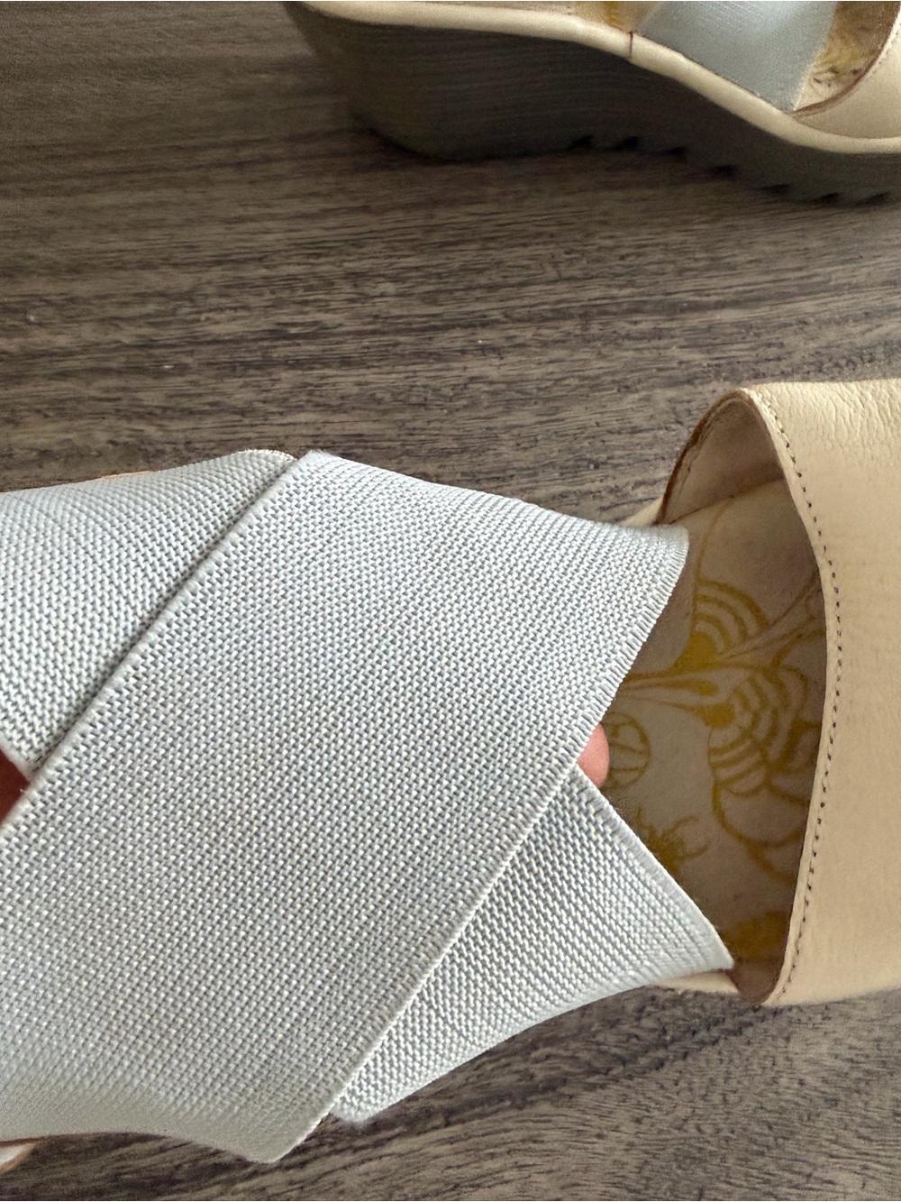Fly London Cream and Light Blue Crisscross Wedge Sandals - Picture 6 of 11